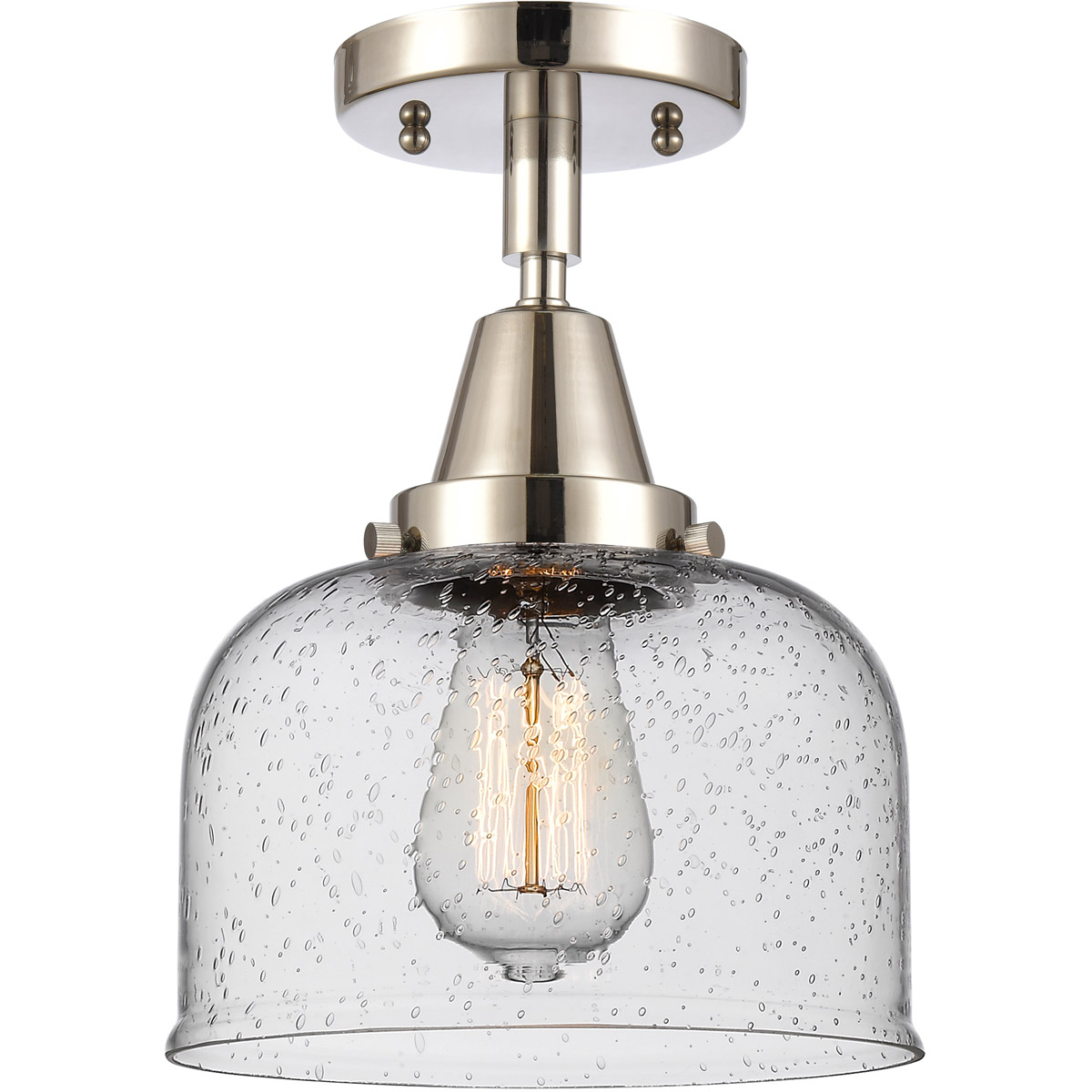 Innovations Lighting 447-1C-PN-G74-LED Franklin Restoration Large Bell LED 8 inch Polished Nickel Flush Mount Ceiling Light in Seedy Glass