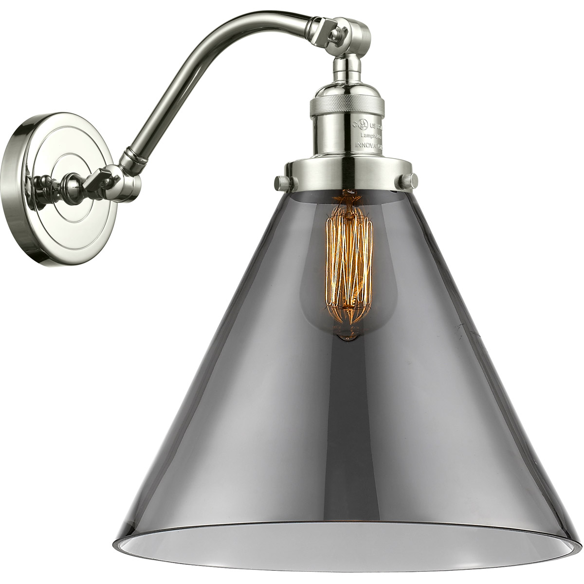 Innovations Lighting 515-1W-PN-G43-L Franklin Restoration X-Large Cone 1 Light 12 inch Polished Nickel Sconce Wall Light in Light Smoke Glass, Frankli