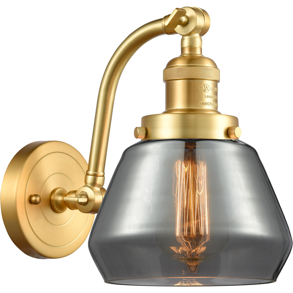 Innovations Lighting 515-1W-SG-G173-LED Franklin Restoration Fulton LED 7 inch Satin Gold Sconce Wall Light in Plated Smoke Glass, Franklin Restoratio
