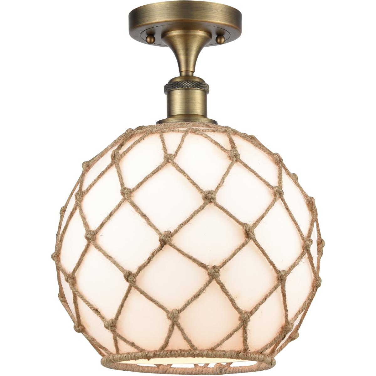 Innovations Lighting 516-1C-BB-G121-10RB-LED Ballston Large Farmhouse Rope LED 10 inch Brushed Brass Semi-Flush Mount Ceiling Light in White Glass wit