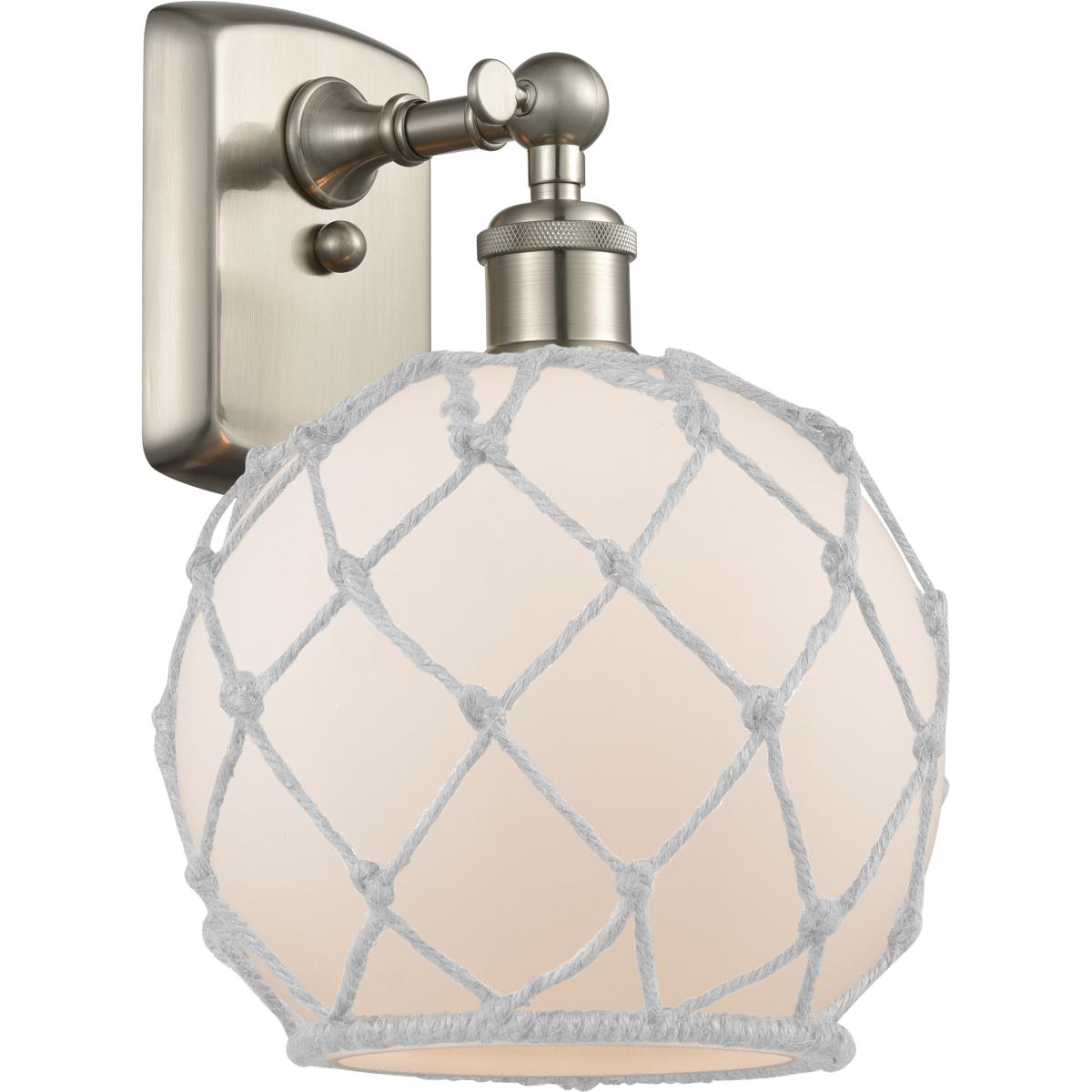 Innovations Lighting 516-1W-SN-G121-8RW Ballston Farmhouse Rope Armed Sconce Wall Light in Brushed Satin Nickel, Bulb Not Included, White Glass with W