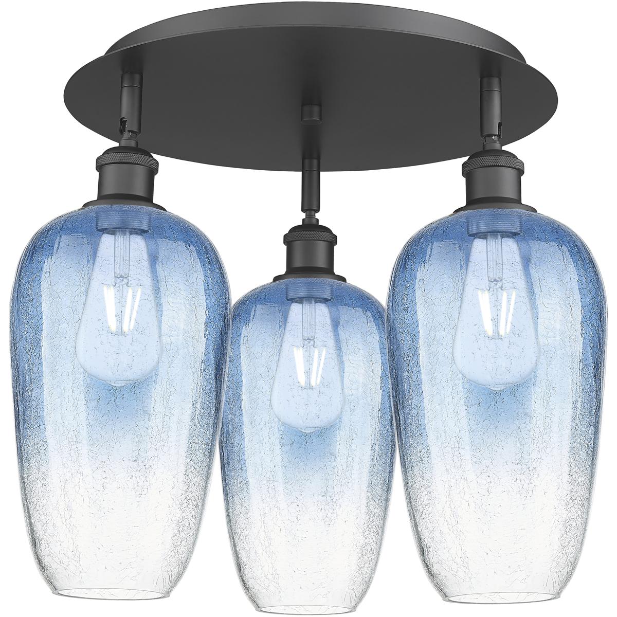Innovations Lighting 516-3C-BK-G484-7SB Ballston Brookhaven Flute 3 Light 19 inch Matte Black Flush Mount Ceiling Light in Sapphire Blue Glass