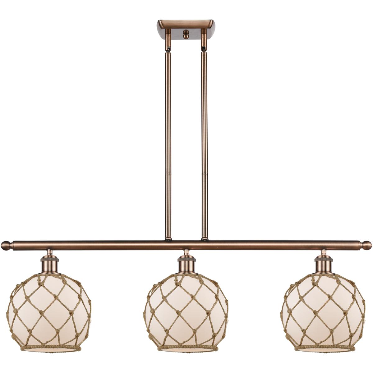 Innovations Lighting 516-3I-AC-G121-8RB Ballston Farmhouse Rope Island Light Ceiling Light in Antique Copper, White Glass with Brown Rope, Ballston