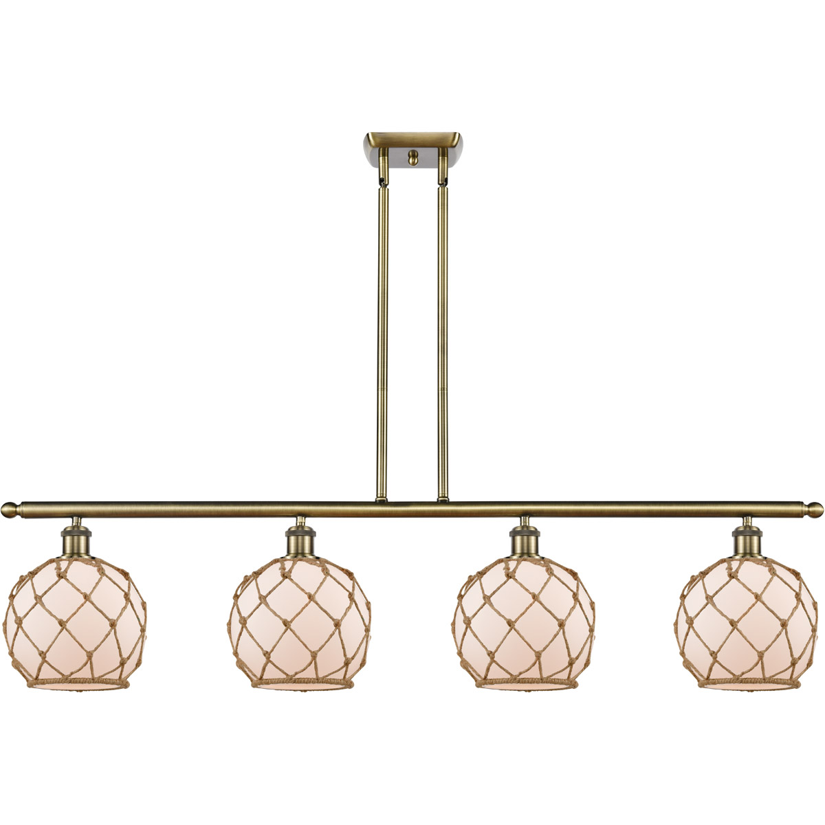 Innovations Lighting 516-4I-AB-G121-8RB Ballston Farmhouse Rope 4 Light 48 inch Antique Brass Island Light Ceiling Light in White Glass with Brown Rop