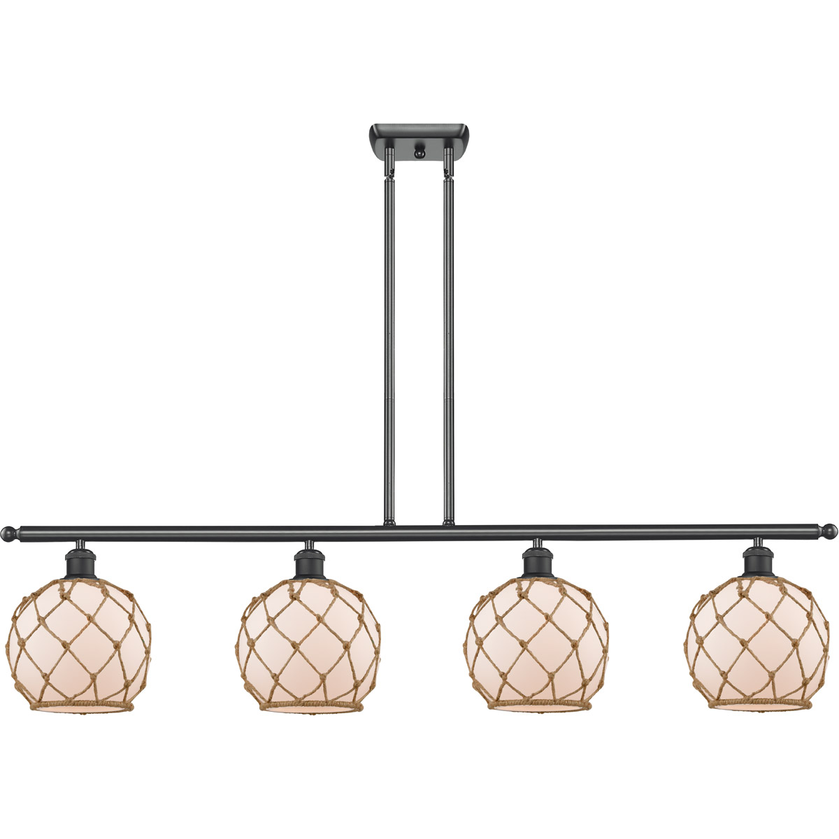 Innovations Lighting 516-4I-BK-G121-8RB Ballston Farmhouse Rope 4 Light 48 inch Matte Black Island Light Ceiling Light in White Glass with Brown Rope,