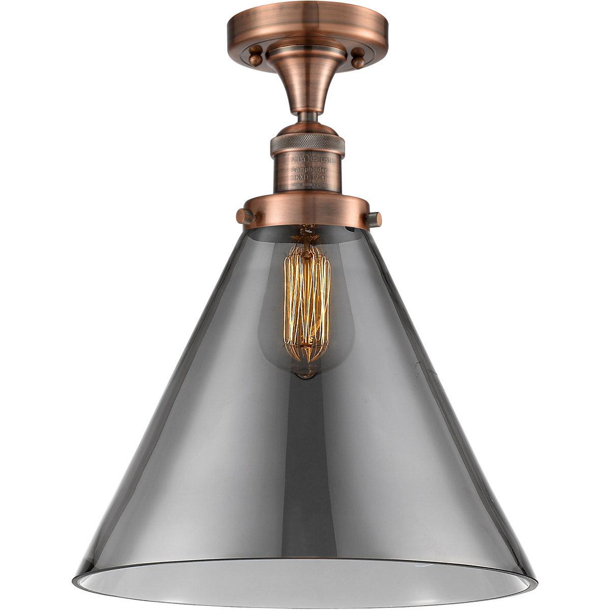 Innovations Lighting 517-1CH-AC-G43-L-LED Franklin Restoration X-Large Cone LED 12 inch Antique Copper Semi-Flush Mount Ceiling Light in Plated Smoke