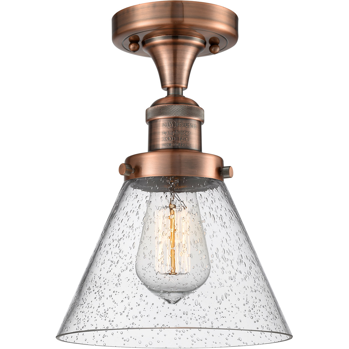 Innovations Lighting 517-1CH-AC-G44-LED Franklin Restoration Large Cone LED 8 inch Antique Copper Semi-Flush Mount Ceiling Light in Seedy Glass, Frank