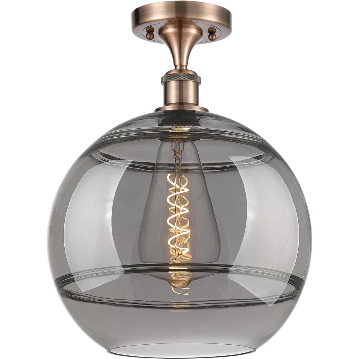 Innovations Lighting 616-1F-AC-G556-12SM Edison Rochester 1 Light 12 inch Antique Copper Semi-Flush Mount Ceiling Light in Light Smoke Glass
