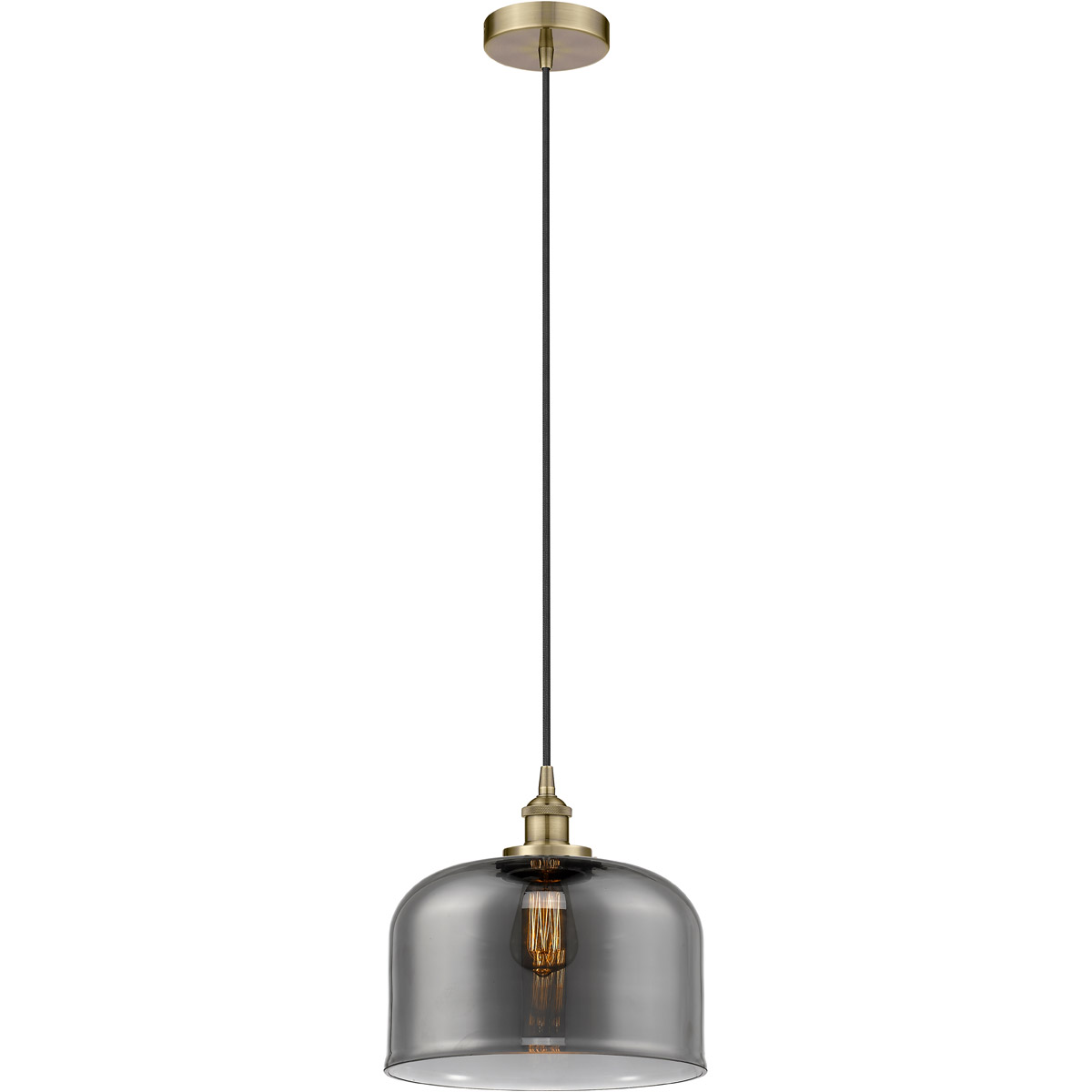 Innovations Lighting 616-1PH-AB-G73-L-LED Edison Bell LED 12 inch Antique Brass Mini Pendant Ceiling Light in Light Smoke Glass