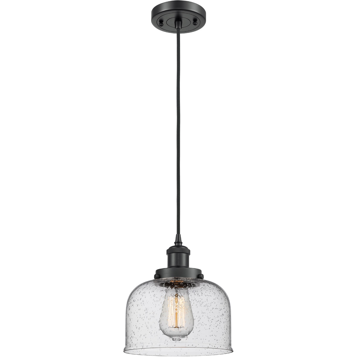 Innovations Lighting 916-1P-BK-G74 Ballston Large Bell 1 Light 8 inch Matte Black Mini Pendant Ceiling Light in Seedy Glass, Ballston