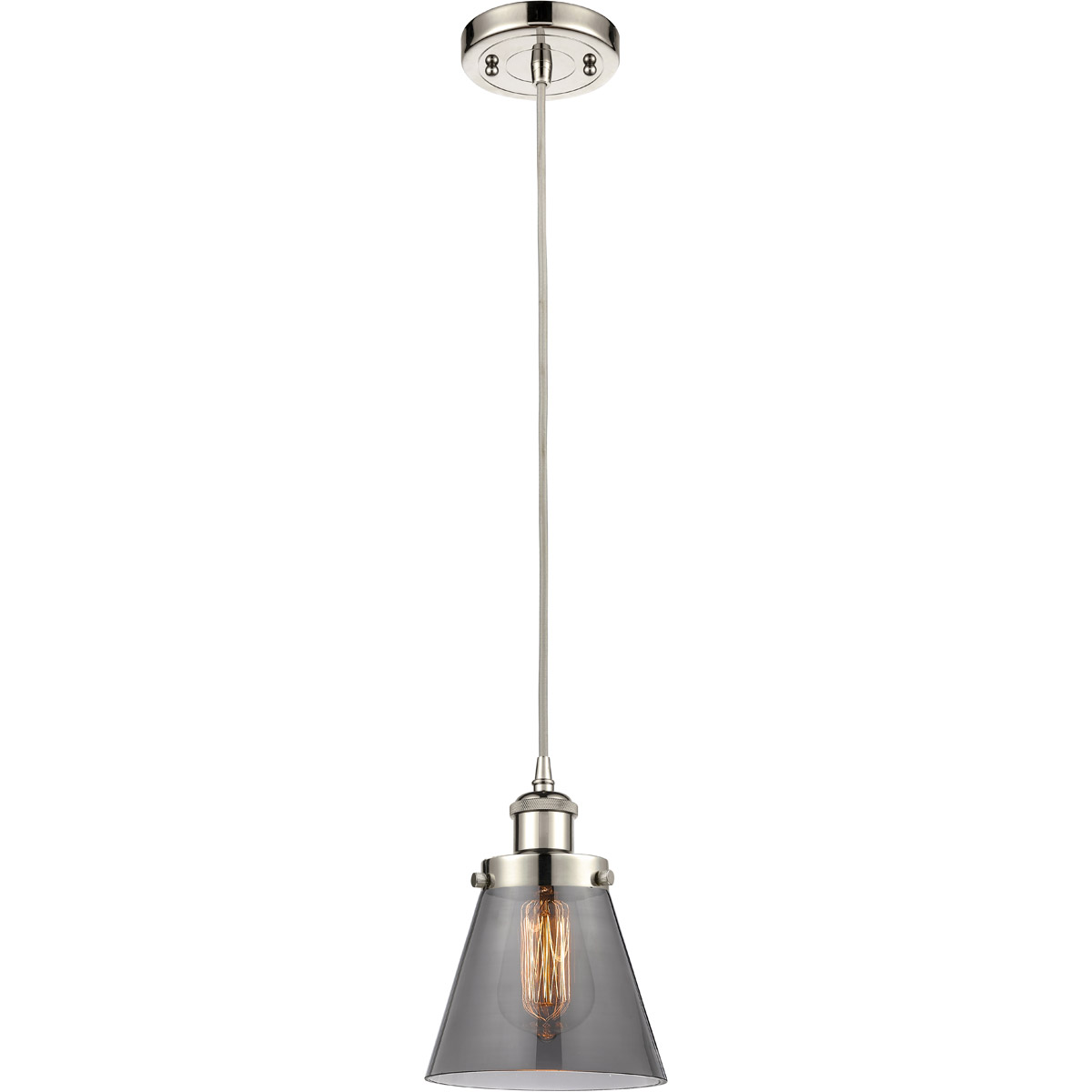 Innovations Lighting 916-1P-PN-G63 Ballston Small Cone 1 Light 6 inch Polished Nickel Mini Pendant Ceiling Light in Black Textured, Light Smoke Glass