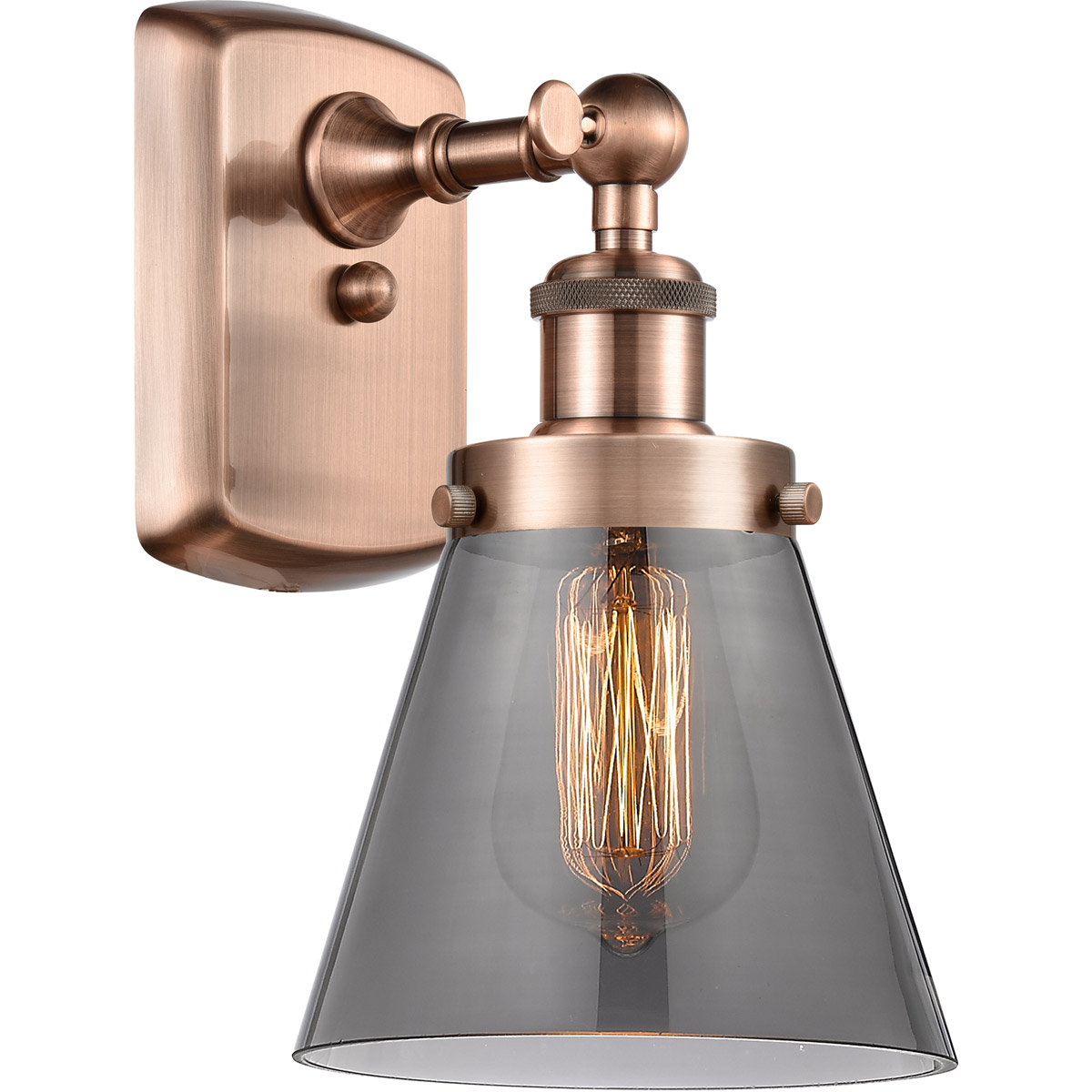 Innovations Lighting 916-1W-AC-G63-LED Ballston Small Cone LED 6 inch Antique Copper Sconce Wall Light in Plated Smoke Glass
