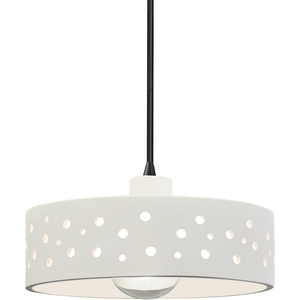 Justice Design CER-6467-BIS-MBLK-BKCD Perforated Dish Pendant Ceiling Light in Matte Black, Black Cord, Replaceable Bulb, Bisque, Form+Finish+Function
