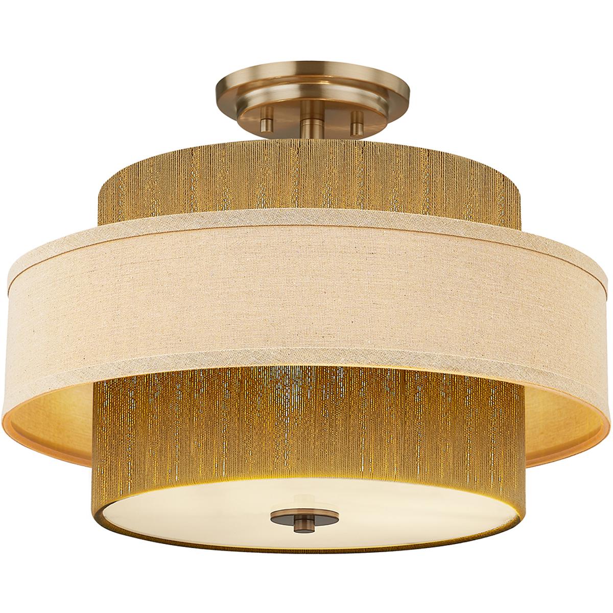 Justice Design FAB-9021-CREM-BRSS Textile Collection - Narberth Family 3 Light 18 inch Brushed Brass and Cream Linen Semi-Flush Ceiling Light, EVOLV