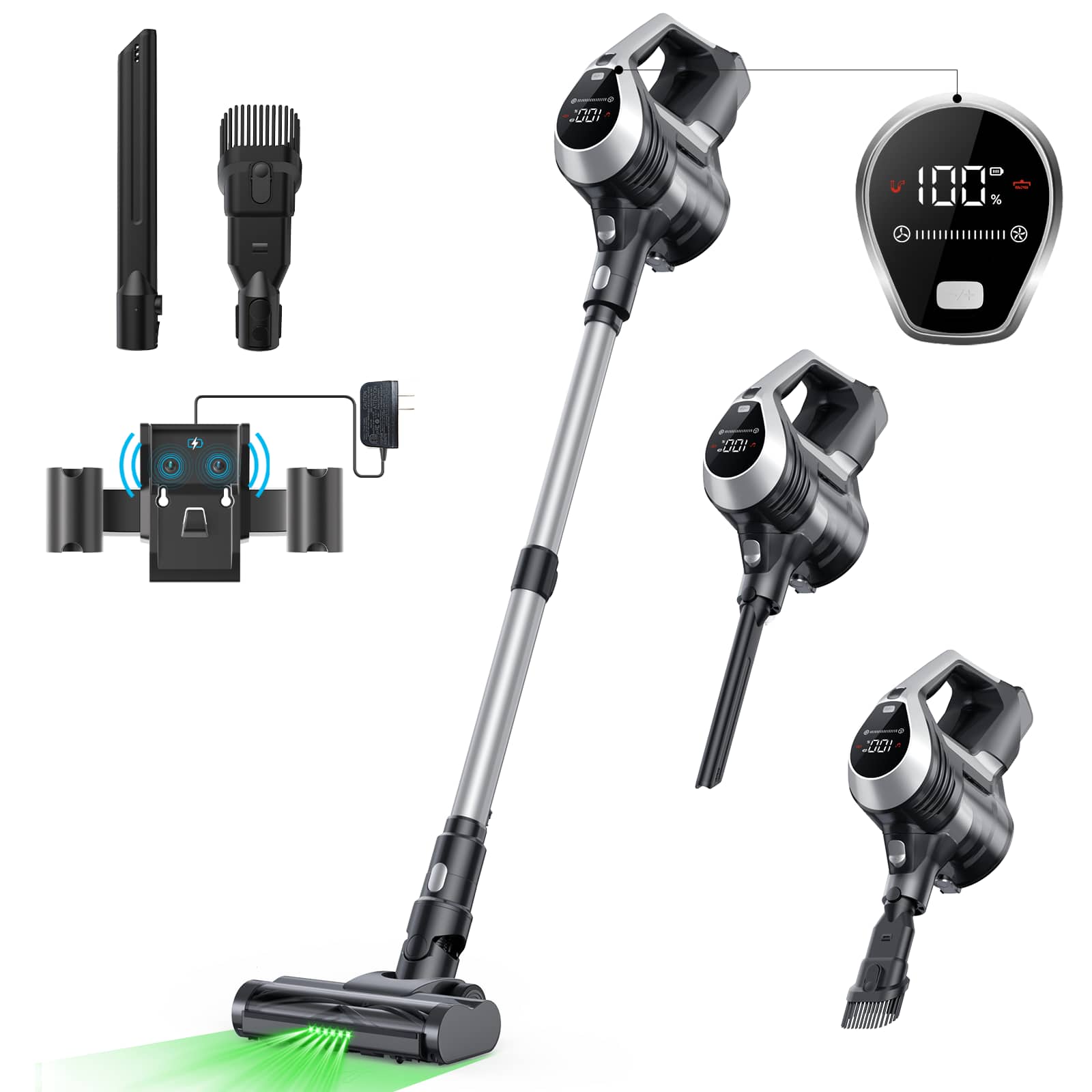 Cordless Vacuum With LED Display, Stick Vacuum Cleaner With Anti Tangle Brush Powerful Suction For Home, Pet Hair