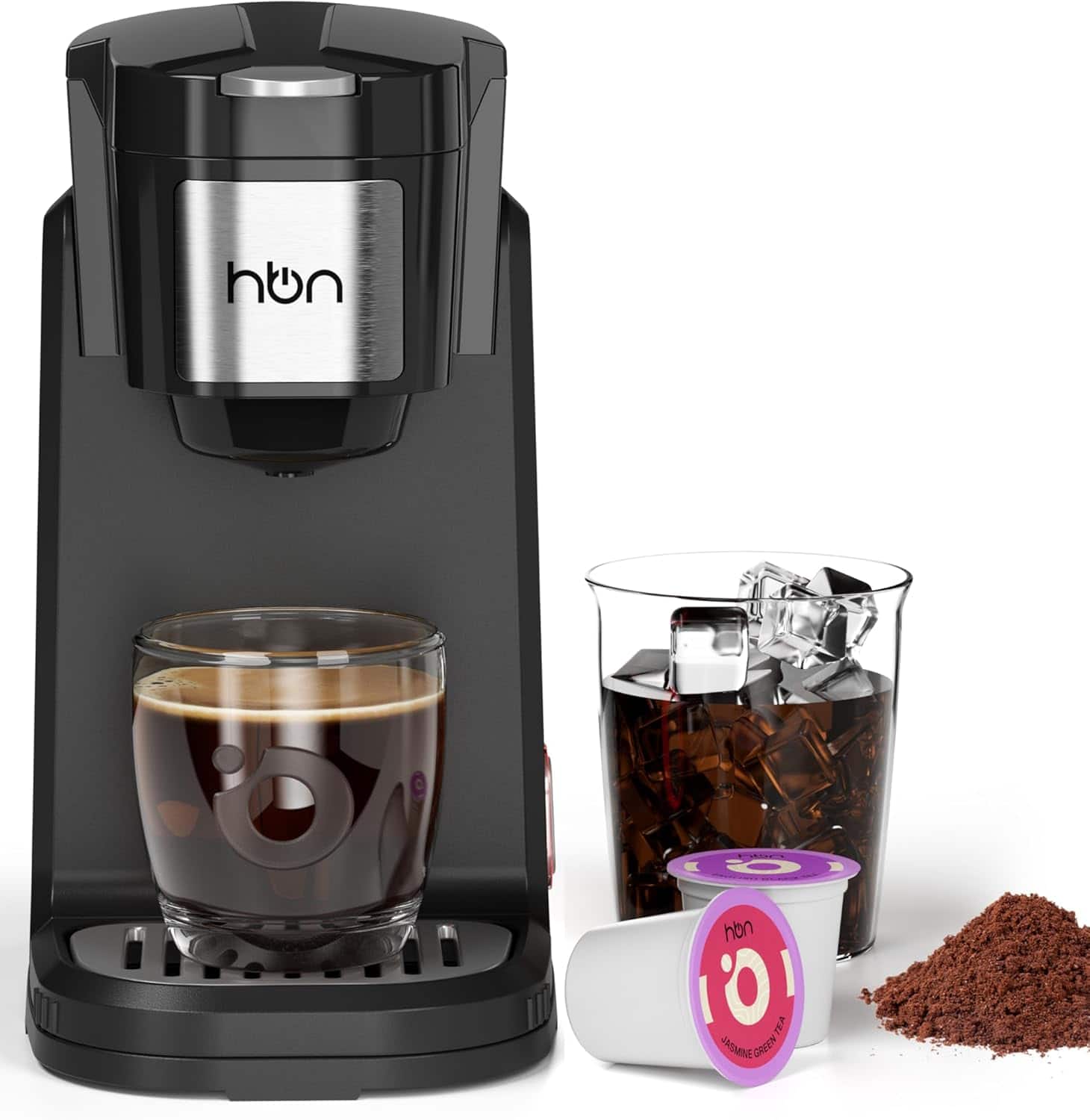HBN Single Serve Coffee Maker, K-Cup & Ground Coffee, Fast Brew, 10oz Tank, Compact, Black