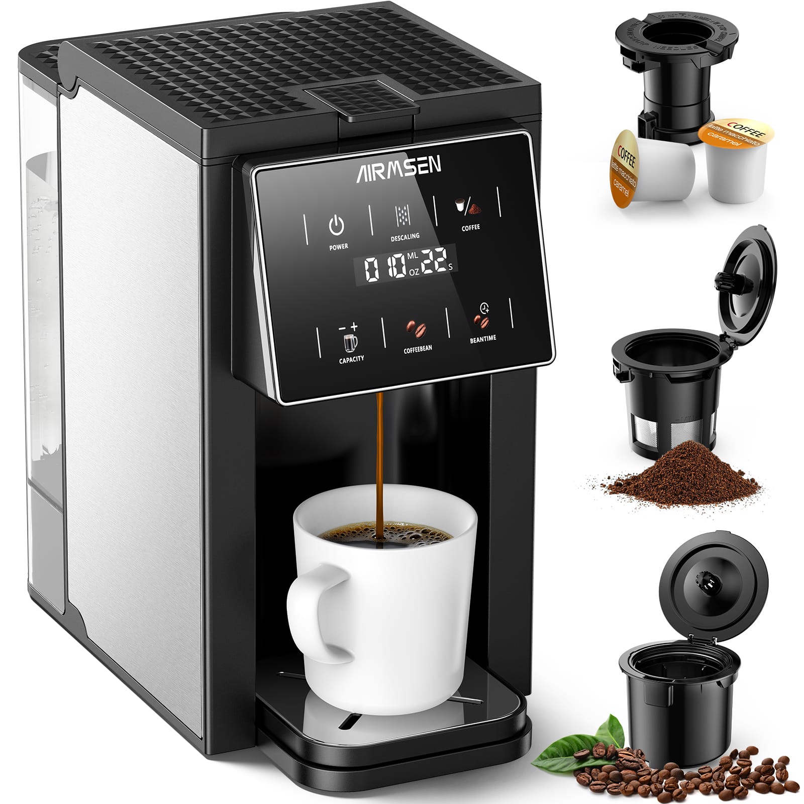 AIRMSEN 3-In-1 Single Serve Coffee Maker with Grinder, K Cup Coffee Machine Compatible with Grounds & Beans-Black