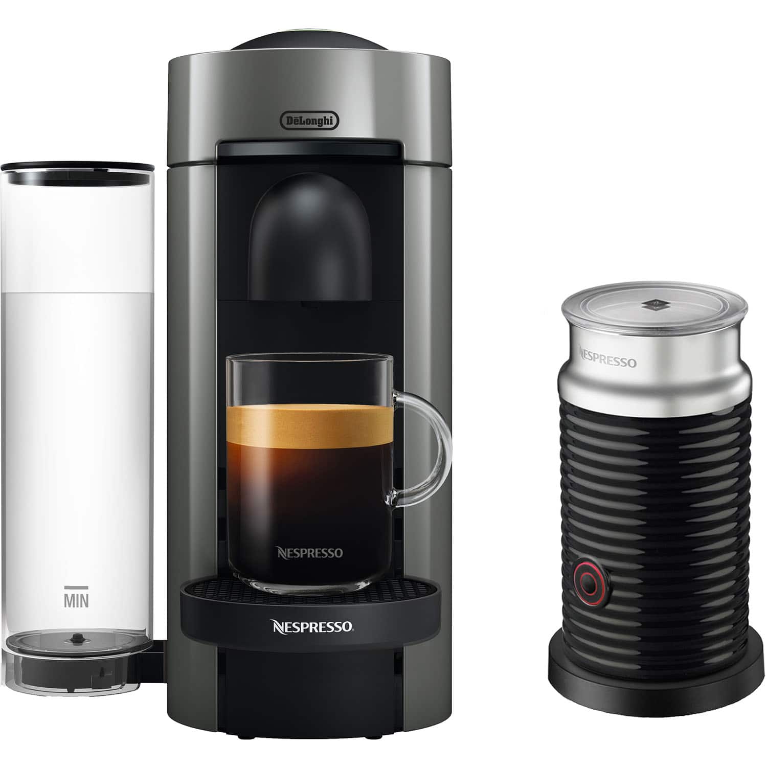 VertuoPlus Coffee & Espresso Single-Serve Machine in Gray and Aeroccino Milk Frother in Black