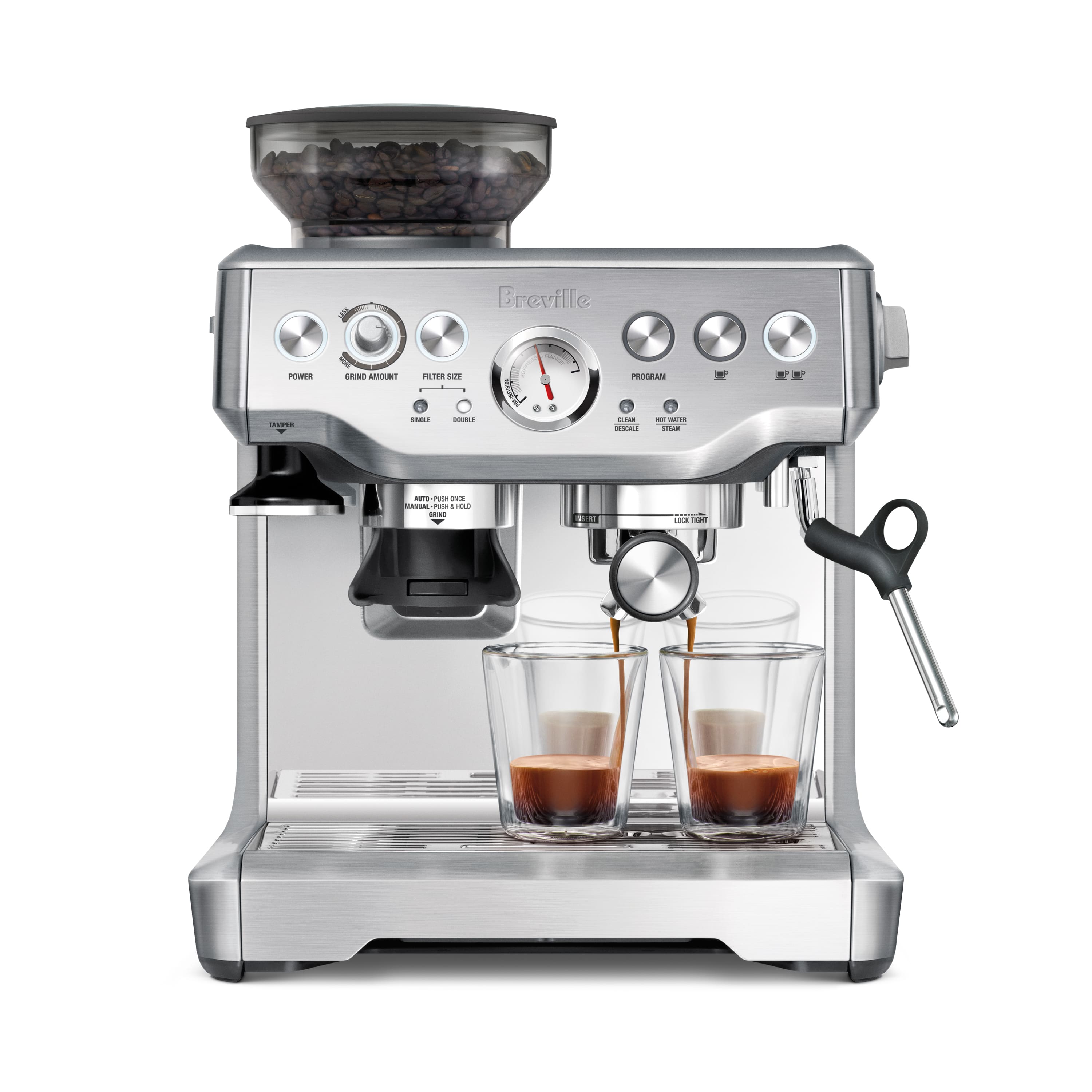 the Barista Express Espresso Machine with 15 bars of pressure, Milk Frother and integrated grinder