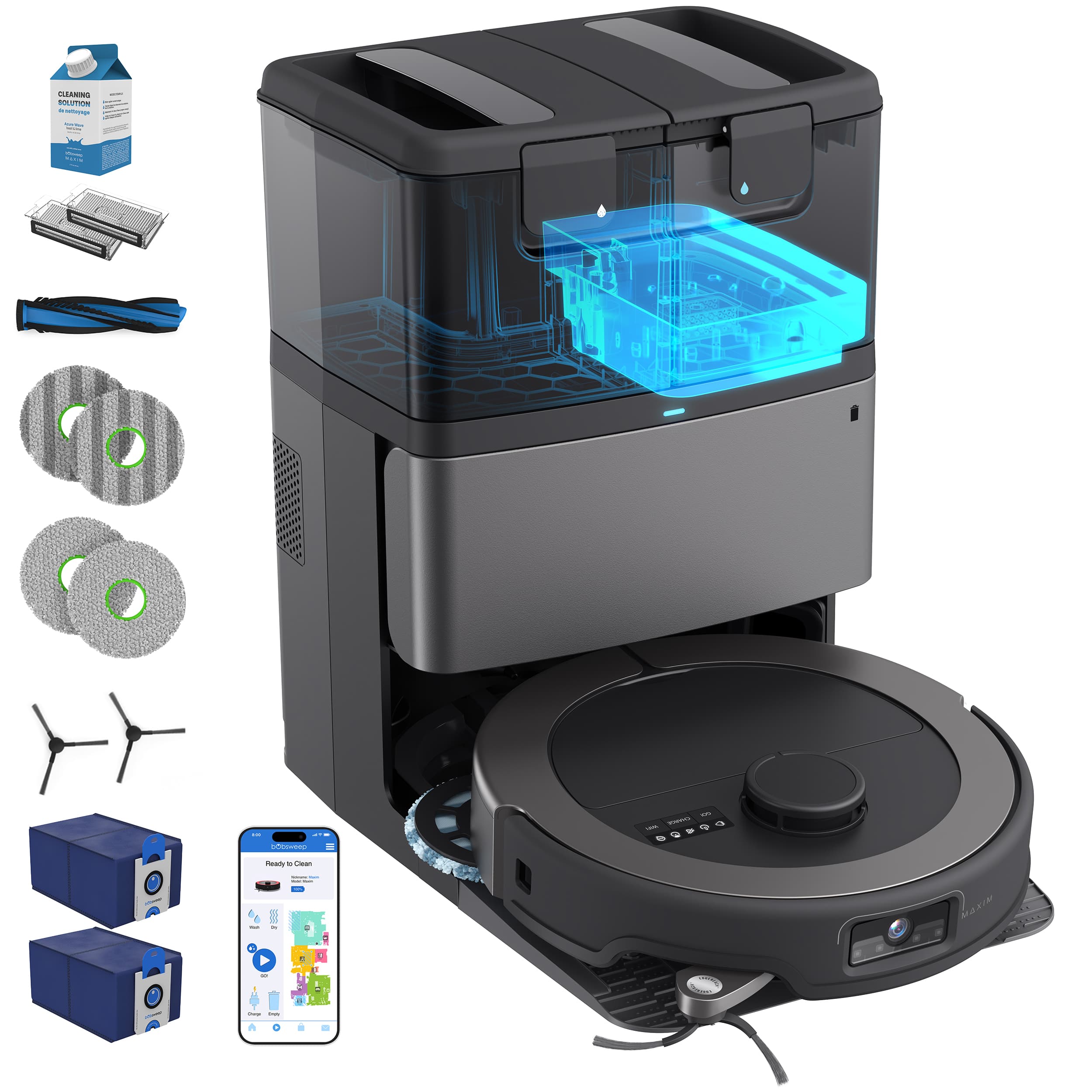 Maxim All-in-One Robot Vacuum & Mop, 22000Pa Suction, Odor-Filter AutoWash/Dry/Empty Dock, w Object Detection