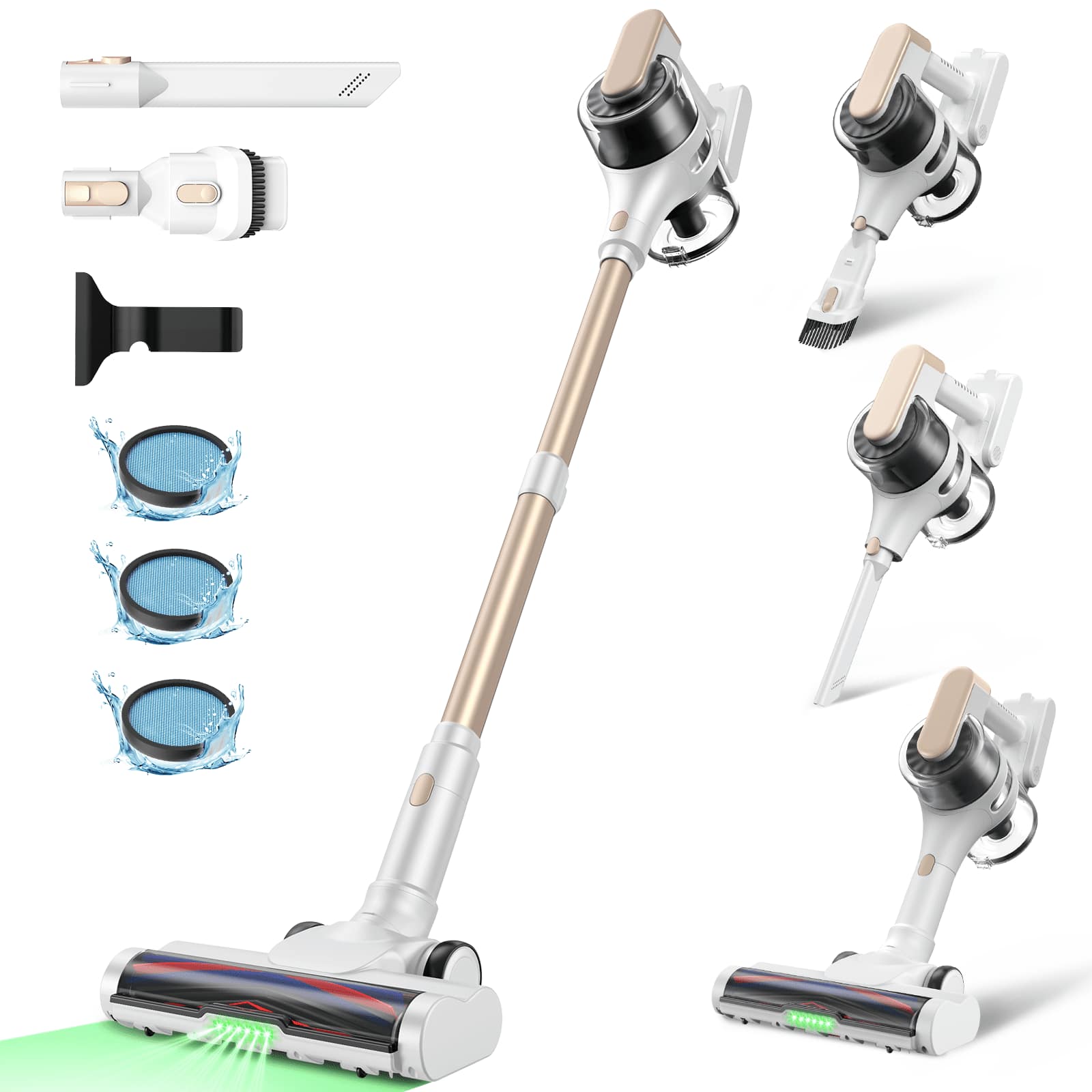 Cordless Vacuum with Self-Standing, Lightweight Stick Vacuum Cordless Rechargeable with Green Light For Home