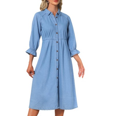 INSPIRE CHIC Women's Denim Casual Ruffle Long Sleeve Button Down Midi Jean Shirt Dress Light Blue Large