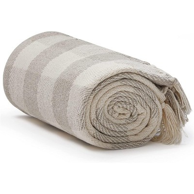 Americanflat 100% Cotton Throw Blanket for Couch - 50x60 - Rustic Cream Throw Blanket for Bed, Sofa or Chair [Cream & Beige Plaid]