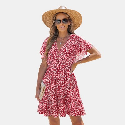 Cupshe Women's Floral Print Wrap Dress for Summer Getaways-M-Red