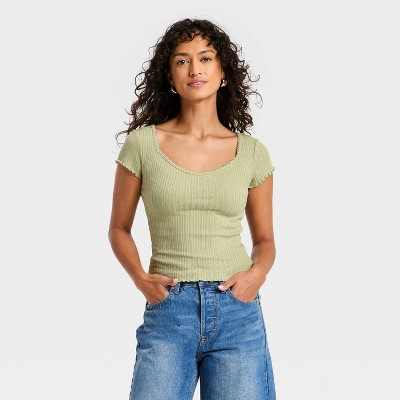 Women's Slim Fit Short Sleeve Pointelle Sweetheart Neck T-Shirt - Universal Thread™ Green M