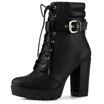 Allegra K Women's Platform Solid Buckle Lace Up Block Heel Ankle Combat Boots Black 9