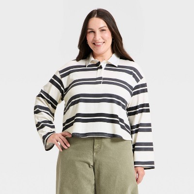Women's Long Sleeve Button-Down Polo T-Shirt - Universal Thread™ Cream Striped XXL