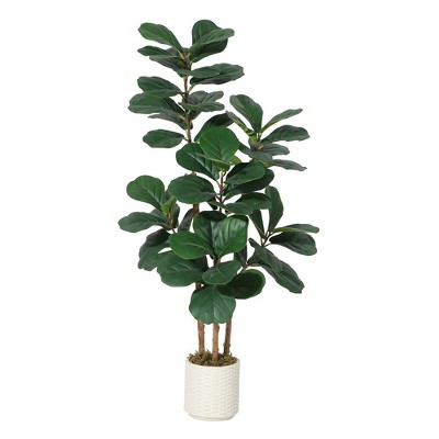 4FT Artificial Fiddle Leaf Fig Tree - with Natural Trunk & Bendable Boughs, Potted Faux Tree for Home Office Decor in White Planter