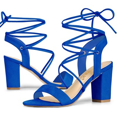 Allegra K Women's Slingback Lace Up Block Heels Sandals Royal Blue 7