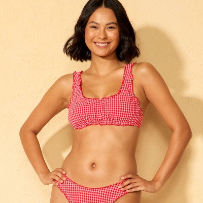 Women's Gingham Seersucker Ruffle Bralette Bikini Top - Wild Fable™ Red/Pink S