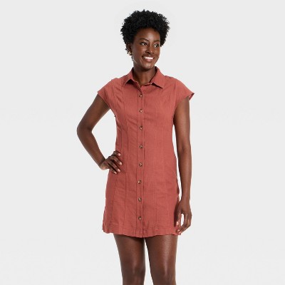 Women's Short Sleeve Mini Shirt Dress - Universal Thread™ Rust M