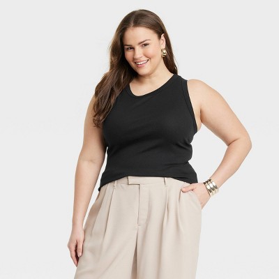 Women's Slim Fit Ribbed Tank Top - A New Day™ Black M: Crew Neck, Sleeveless, Pullover, Knit Fabric