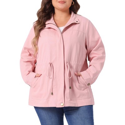 Women's Plus Size Lightweight Zipper Drawstring Waist Long Sleeve with Pockets Utility Fashion Jackets - Agnes Orinda 1X Pink