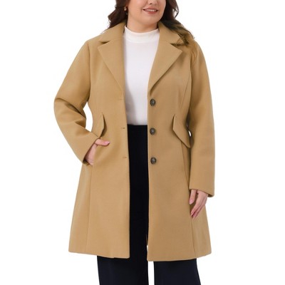 Women's Plus Size Notch Lapel Single Breasted Trendy Dressy Fall Winter Midi Pea Coat - Agnes Orinda 3X Camel