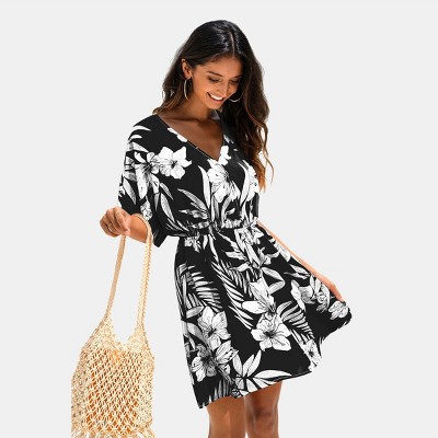 Cupshe Women's Tropical Floral Print Wrap Dress with Flared Sleeves-M-Black