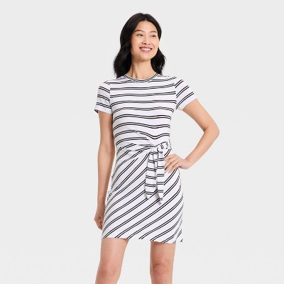 Women's Short Sleeve Tie-Front Knit Mini Dress - A New Day™ White/Black Striped M