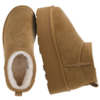 CUSHIONAIRE Hippy Women’s Platform Ankle Boots – Genuine Suede, Faux Fur Lining, Cozy Winter Slip-On Design Chestnut 8