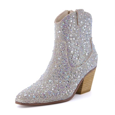 CUSHIONAIRE Bravo Sparkly Rhinestone Western Cowboy Ankle Boots for Women, Glitter Boots With Memory Foam, Wide Widths Available, Silver 10