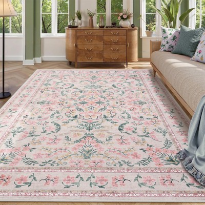 Washable Area Rug, 8x10 Boho Floral Soft Rugs for Living Room, Non Slip Low Pile Carpet for Bedroom, Dining Room, Nursery, Hallway, Pink: Pet Friendly