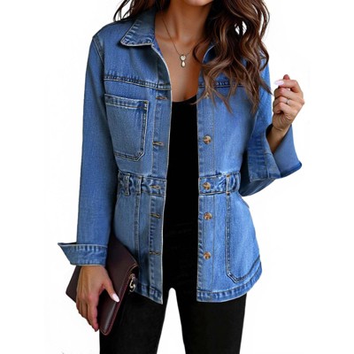 Imily Bela Denim Jacket for Women Distressed Jean Jacket Button Down Oversized Shacket with Pockets Blue M