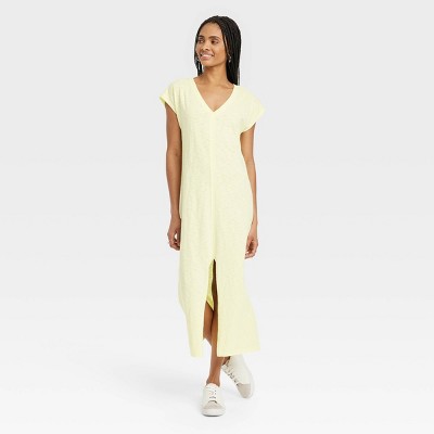 Women's Short Sleeve Midi T-Shirt Dress - Universal Thread™ Yellow L: Cotton V Neck Pullover, Dolman Sleeve, Machine Wash