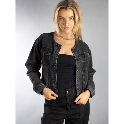 Jess by Meiko Women's Mini Collarless Moisture Resistant Denim Jacket L Black