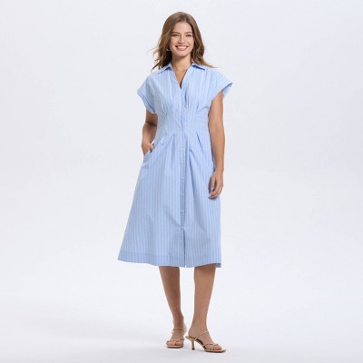 Women's Short Sleeve Pleated Midi Shirtdress - A New Day™ Blue Striped M