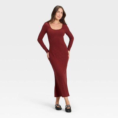 Women's Long Sleeve Rib-Knit Maxi Dress - A New Day™ Maroon M