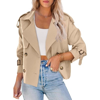 Imily Bela Womens Cropped Double Breasted Trench Coat with Raglan Sleeves and Pockets for Office Beige M