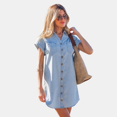 Cupshe Women's Breezy Denim Shirt Dress-L-Blue